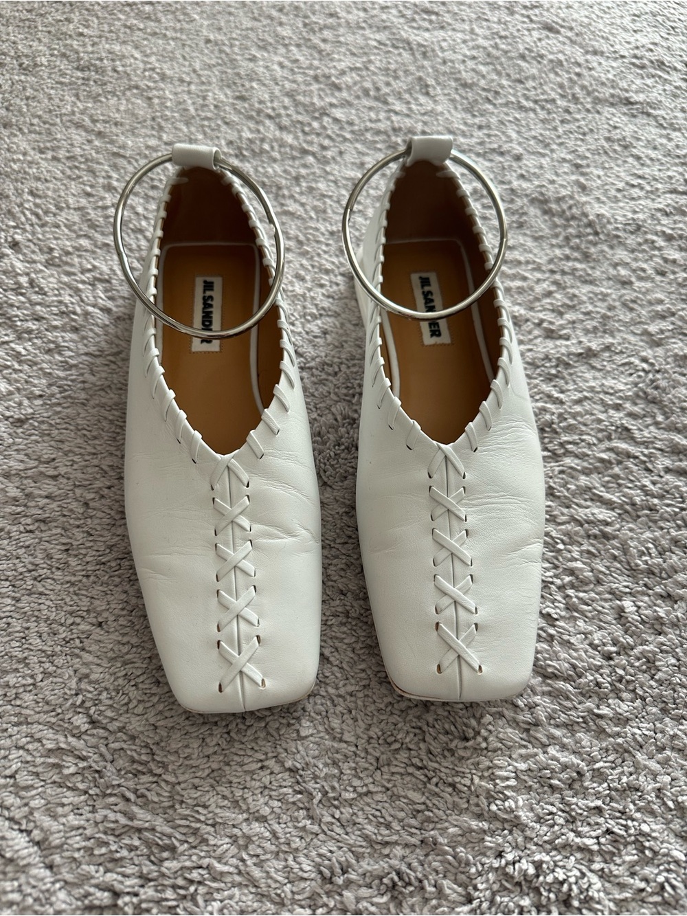 Jil Sander White Leather Square-Toe Flats with Silver Ankle Rings